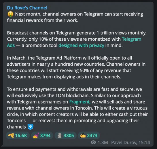 В Telegram появится официальная монетизация каналов